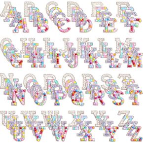 104 Pcs Pearls Rhinestone English Patches A-Z Glitter Pearl Sew on Patches Iron on Letters for Clothing Alphabet Applique Pearl Beaded Letter Patches for DIY Crafts Clothes, 4 Styles