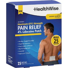 HealthWise 4% Lidocaine Pain Relief Patch | Maximum OTC Strength | 25-Count | 3.93" x 5.51" | Soothes Minor Aches and Pains | Odor Free | Topical Anesthetic | Easy to Apply Flexible Adhesive