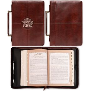 Christian Art Gifts Protective Chestnut Brown Faux Leather Classic Bible Cover Carry Case for Men and Grads: Hope and a Future - Jeremiah 29:11 Inspirational Bible Verse with Zipper and Pocket, Medium in Kuwait