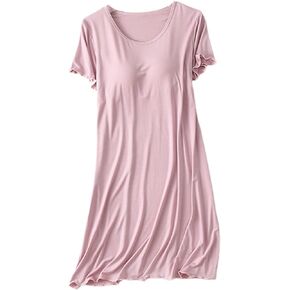 Women's Soft Nightgown Frilly Sleep Dress Summer Short Sleeve Comfy Midi Sleepwear with Built in Shelf Bra
