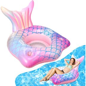 Mermaid Inflatable Pool Float Chair with 2 Cup Holders, Armrests, Pink Swimming Pool Party Lounge Raft Decorations Toys for Adults Kids, Swimming Pool Lounger Pool Floaties for Summer Beach Party
