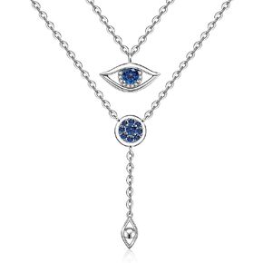 S925 Sterling Silver Evil Eye Necklace for Women Long Y Multilayer and Filigree Fatima with Heart Pendant Necklaces Double Layering Protection Jewelry Gifts