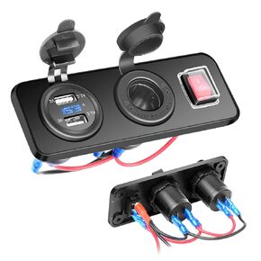 AutoEC 3 in 1 USB Cigarette Lighter Outlet Waterproof Panel, 12V Dual USB Charger Socket 2.1A with Voltmeter+12V Cigarette Lighter Socket+ON-Off Rocker Switch for Car Marine Boat RV Truck GPS