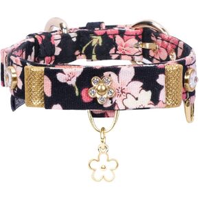 PetsHome Cat Collar, Dog Collar, [Floral Print] Adjustable Collars with Bow and Rhinestones for Cat and Small Dog Small Red