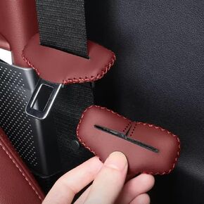 Seat Belt Buckle Cover, Pure Hand Sewing Seat Belt Clip Protective Cover, 5 PCS Seat Belt Silencer Clip Holster (Leather Cover in Bordeaux Red)