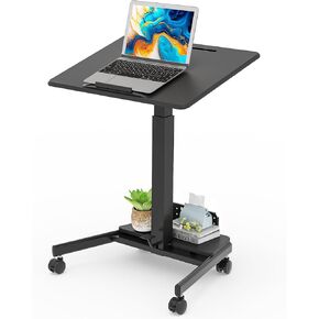JOY worker Mobile Standing Desk with 90° Tilting Desktop, Foot Pedal Pneumatic Height Adjustable Rolling Desk, Mobile Laptop Cart with Width Adjustable Storage Base, 4 Lockable Wheels, White