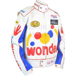 Men's Ricky Bobby Racing Nights Wonder The Bread Speed White Leather Motorcycle Jacket