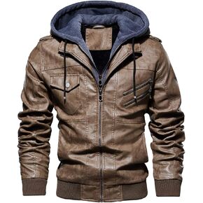 chouyatou Men's Vintage Removable Hooded Slim Motorcycle Faux Leather Bomber Jacket