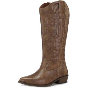 mysoft Women's Cowboy Boots Mid Calf Cowgirl Boots Embroidered Western Pointed Toe Chunky Heel Pull On Knee High Boots in Saudi Arabia