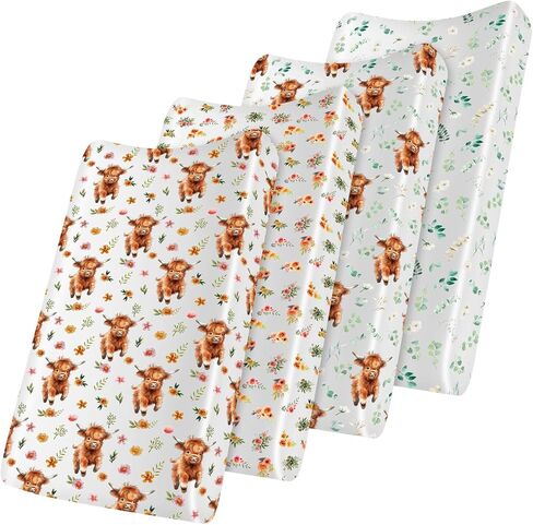4 Pack 52" x 28" Changing Pad Cover for Boys Girls Highland Cow Eucalyptus Leaf Floral Pattern Neutral Nursery Decor Change Table Covers Soft Changing Pad Sheets for Baby Girls Baby Boys in Saudi Arabia