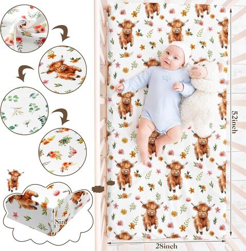 4 Pack 52" x 28" Changing Pad Cover for Boys Girls Highland Cow Eucalyptus Leaf Floral Pattern Neutral Nursery Decor Change Table Covers Soft Changing Pad Sheets for Baby Girls Baby Boys in Saudi Arabia