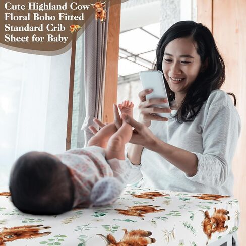 4 Pack 52" x 28" Changing Pad Cover for Boys Girls Highland Cow Eucalyptus Leaf Floral Pattern Neutral Nursery Decor Change Table Covers Soft Changing Pad Sheets for Baby Girls Baby Boys in Saudi Arabia