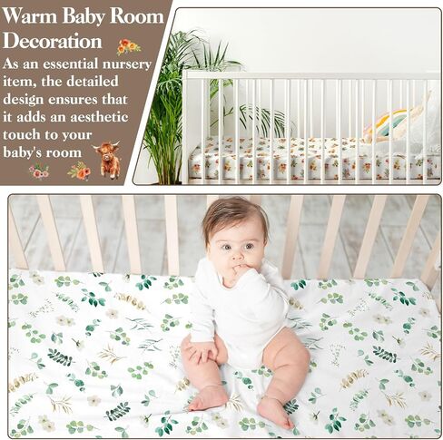 4 Pack 52" x 28" Changing Pad Cover for Boys Girls Highland Cow Eucalyptus Leaf Floral Pattern Neutral Nursery Decor Change Table Covers Soft Changing Pad Sheets for Baby Girls Baby Boys in Saudi Arabia