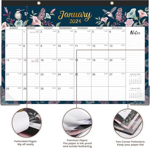 تقويم مكتب 2024 - تقويم مكتب 2024، 12 تقويم شهري للمكتب/الحائط 2 في 1، يناير 2024 - ديسمبر 2024، 17 بوصة × 12 بوصة، تقويم مكتبي مع ورق سميك + واقيات زوايا + كتل كبيرة مسطرة - زهور وزهور in Kuwait