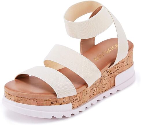 صنادل نسائية من LAICIGO مفتوحة عند الأصابع بنعل سميك وحزام مطاطي للكاحل من الفلين على شكل مسطح صنادل صيفية من الخلف in Kuwait