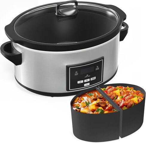 6 Quart Programmable Slow Cooker with Silicone Divider, Multi Slow Cooker with Timer, 3 Cooking Mode Digital Slow Cooker, Dishwash Safe, Removable Ceramic Pot and Glass Lid, Silver in Saudi Arabia