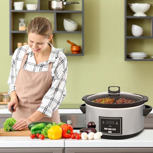 6 Quart Programmable Slow Cooker with Silicone Divider, Multi Slow Cooker with Timer, 3 Cooking Mode Digital Slow Cooker, Dishwash Safe, Removable Ceramic Pot and Glass Lid, Silver in Saudi Arabia