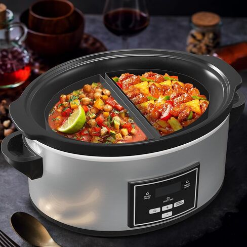 6 Quart Programmable Slow Cooker with Silicone Divider, Multi Slow Cooker with Timer, 3 Cooking Mode Digital Slow Cooker, Dishwash Safe, Removable Ceramic Pot and Glass Lid, Silver in Saudi Arabia