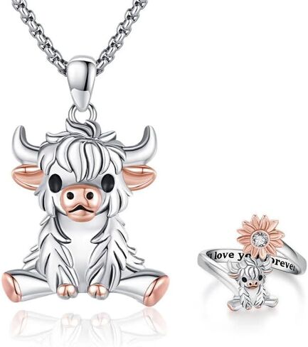 925 Sterling Silver Highland Cow Necklace and Ring set Adjustable Open Ring Cute Animal Cow Jewelry Gifts for Women Girls Graduation Gift in Saudi Arabia