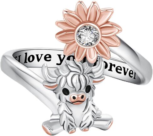 925 Sterling Silver Highland Cow Necklace and Ring set Adjustable Open Ring Cute Animal Cow Jewelry Gifts for Women Girls Graduation Gift in Saudi Arabia