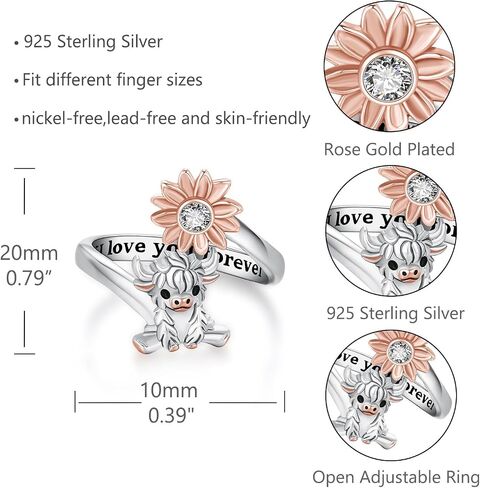 925 Sterling Silver Highland Cow Necklace and Ring set Adjustable Open Ring Cute Animal Cow Jewelry Gifts for Women Girls Graduation Gift in Saudi Arabia