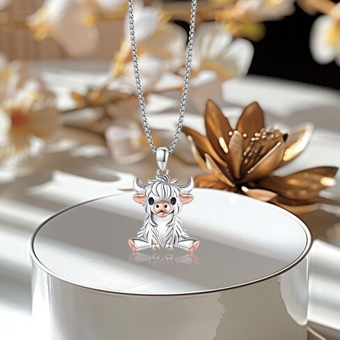 925 Sterling Silver Highland Cow Necklace and Ring set Adjustable Open Ring Cute Animal Cow Jewelry Gifts for Women Girls Graduation Gift in Saudi Arabia