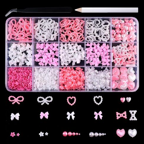 3D Nail Charms Flatback Pearls Set,5 Colors Bow Nail Rhinestones + 5 Colors Flower Nail Pearls +5 Color Acrylic Jewels for Manicure DIY Crafts Jewelry Accessories Blue Green Pink Purple White in Saudi Arabia