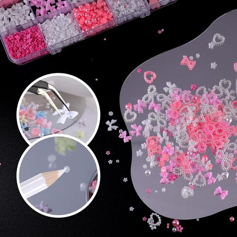 3D Nail Charms Flatback Pearls Set,5 Colors Bow Nail Rhinestones + 5 Colors Flower Nail Pearls +5 Color Acrylic Jewels for Manicure DIY Crafts Jewelry Accessories Blue Green Pink Purple White in Saudi Arabia