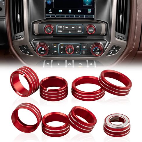 حلقة تقليم لمقابض داش لسيارة تشيفي سيلفرادو 2014-2018 - أضواء التحكم في درجة الحرارة لمروحة الراديو، غطاء مقبض التحكم في الإشارة الدائرية، مجموعة 8 قطع، أحمر in Kuwait