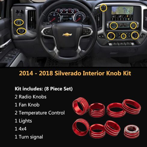 حلقة تقليم لمقابض داش لسيارة تشيفي سيلفرادو 2014-2018 - أضواء التحكم في درجة الحرارة لمروحة الراديو، غطاء مقبض التحكم في الإشارة الدائرية، مجموعة 8 قطع، أحمر in Kuwait
