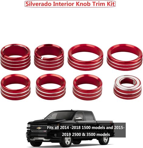 حلقة تقليم لمقابض داش لسيارة تشيفي سيلفرادو 2014-2018 - أضواء التحكم في درجة الحرارة لمروحة الراديو، غطاء مقبض التحكم في الإشارة الدائرية، مجموعة 8 قطع، أحمر in Kuwait