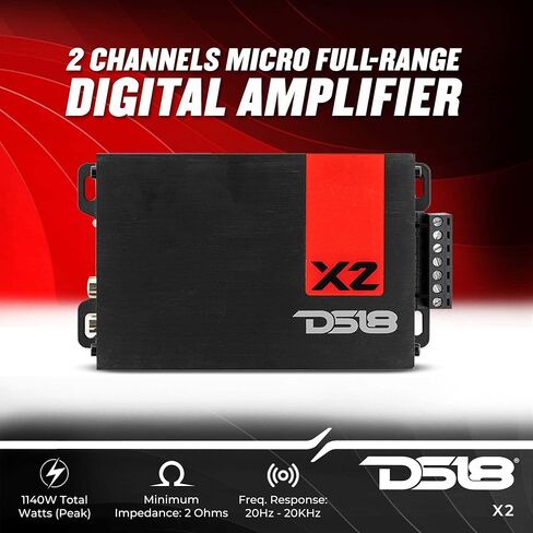 DS18 X2 Ultra Compact Car Audio Amplifier Class D 2 Channel Full Range 1140 Watts Peak - Great Compact Amp for Motorcycle, Powersports, Car Audio in Saudi Arabia