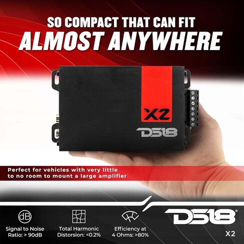 DS18 X2 Ultra Compact Car Audio Amplifier Class D 2 Channel Full Range 1140 Watts Peak - Great Compact Amp for Motorcycle, Powersports, Car Audio in Saudi Arabia