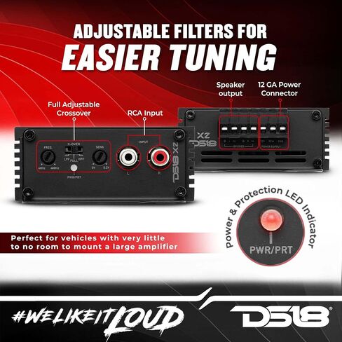 DS18 X2 Ultra Compact Car Audio Amplifier Class D 2 Channel Full Range 1140 Watts Peak - Great Compact Amp for Motorcycle, Powersports, Car Audio in Saudi Arabia