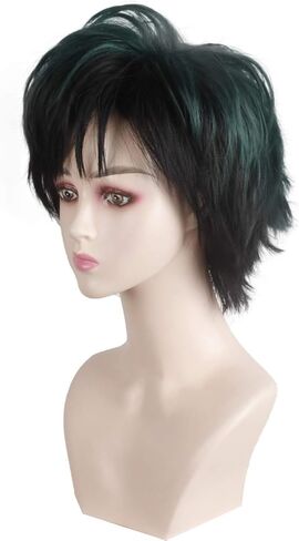 Short Straight Black and Green Cosplay Wig Anime Costume Synthetic Hair for Halloween Women, Girl Costumes Wigs Party in Kuwait