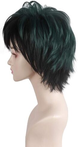 Short Straight Black and Green Cosplay Wig Anime Costume Synthetic Hair for Halloween Women, Girl Costumes Wigs Party in Kuwait