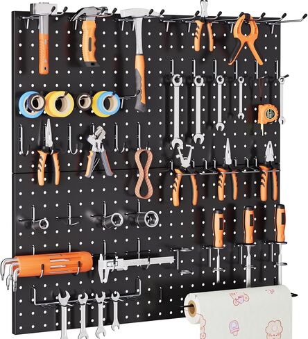 INCLY 100PCS Black Pegboard Wall Organizer Kit, 24x24 Inch Metal Pegboard Panels Utility Tool Organizer with Hooks & Paper Towel Holder, Pegboard Storage System for Garage Workbench Shed in Saudi Arabia
