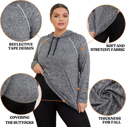FOREYOND Plus Size Hoodies for Women Workout Tops Lightweight Sweatshirts Thumb Hole Athletic Tops Running Shirts in Kuwait