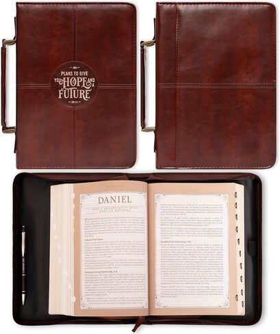 Christian Art Gifts Protective Chestnut Brown Faux Leather Classic Bible Cover Carry Case for Men and Grads: Hope and a Future - Jeremiah 29:11 Inspirational Bible Verse with Zipper and Pocket, Medium in Saudi Arabia