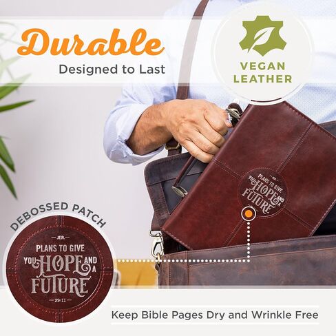 Christian Art Gifts Protective Chestnut Brown Faux Leather Classic Bible Cover Carry Case for Men and Grads: Hope and a Future - Jeremiah 29:11 Inspirational Bible Verse with Zipper and Pocket, Medium in Saudi Arabia