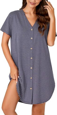 Vrtige Women's Striped Nightshirt Notch V Neck Short Sleeve Button Down Nightdress Nightgown in Kuwait