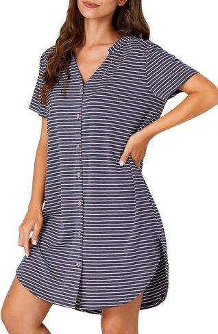 Vrtige Women's Striped Nightshirt Notch V Neck Short Sleeve Button Down Nightdress Nightgown in Kuwait