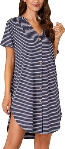 Vrtige Women's Striped Nightshirt Notch V Neck Short Sleeve Button Down Nightdress Nightgown in Kuwait