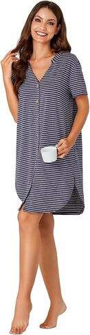 Vrtige Women's Striped Nightshirt Notch V Neck Short Sleeve Button Down Nightdress Nightgown in Kuwait