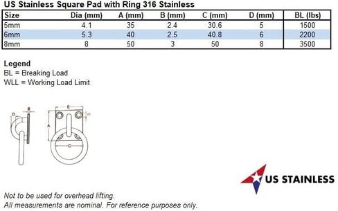 US Stainless Stainless Steel 316 Square Pad Eye with Ring 5/16" 8mm (50mm x 40mm) Marine Grade in Saudi Arabia