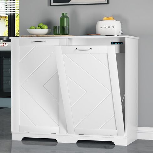 VECELO Double Tilt Out Kitchen Trash Bin Cabinet Dog Proof Garbage Can with Wood Holder Free Standing Recycling, White in Saudi Arabia