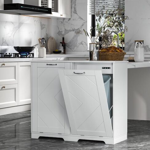 VECELO Double Tilt Out Kitchen Trash Bin Cabinet Dog Proof Garbage Can with Wood Holder Free Standing Recycling, White in Saudi Arabia