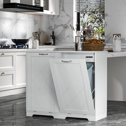 VECELO Double Tilt Out Kitchen Trash Bin Cabinet Dog Proof Garbage Can with Wood Holder Free Standing Recycling, White in Saudi Arabia