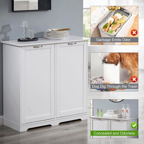 VECELO Double Tilt Out Kitchen Trash Bin Cabinet Dog Proof Garbage Can with Wood Holder Free Standing Recycling, White in Saudi Arabia