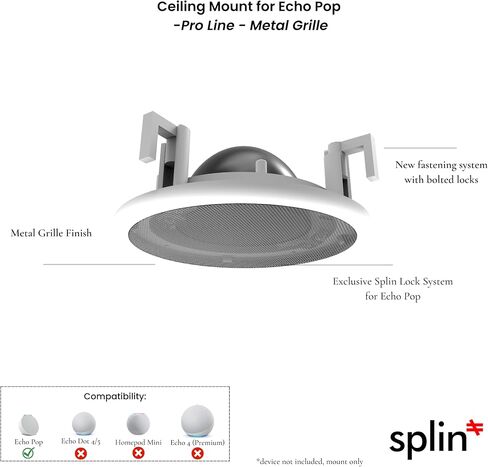 حامل تثبيت مدمج بالسقف من سبلين متوافق مع مكبر الصوت الذكي Alexa Echo POP وAmazon ومكبرات صوت السقف مقاس 5 بوصات - Pro Line - الطراز الكلاسيكي المدمج (أبيض) - شواية معدنية in Kuwait